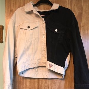 Black and white color block denim Guess jacket